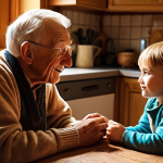 **A cozy kitchen scene. An elderly "morfar" (grandfather) with a twinkle in his eye, telling stories to a young child at a kitchen table.  Warm, inviting light.  Family photos in the background.  Sense of connection and shared history.**