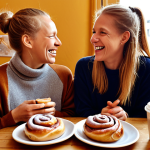**A cozy Swedish "fika" scene**: A sun-drenched image of friends laughing together over kanelbullar (cinnamon buns) and coffee in a charming Stockholm café. Focus on warmth, connection, and the joy of shared stories.