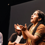 A storyteller passionately narrating a tale with expressive gestures and a captivating voice, audience visibly enthralled.