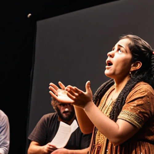 A storyteller passionately narrating a tale with expressive gestures and a captivating voice, audience visibly enthralled.