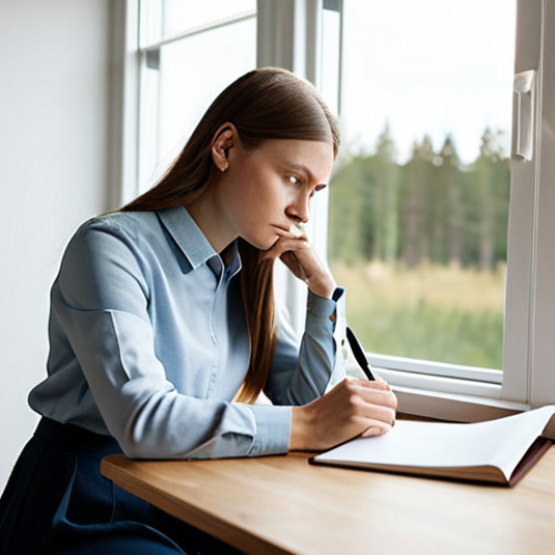 A professional female content creator, fully clothed in a modest, modern business casual outfit, sits at a light-filled Scandinavian-style desk in a home office. She is looking contemplatively at a blank notebook, capturing the moment of deep thought and the search for an authentic, unique storytelling voice. The background features subtle, blurred elements of nature visible through a window, suggesting inspiration from the Swedish landscape. This image emphasizes creativity and personal reflection, safe for work, appropriate content, fully clothed, professional, perfect anatomy, correct proportions, natural pose, well-formed hands, proper finger count, natural body proportions.